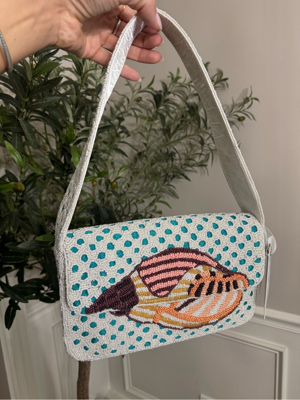 Made in India White and Blue polka dot Beaded bag with Sea Shell Design